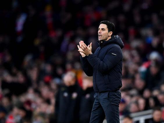Mikel Arteta shouts encouragement during Arsenal’s 1-1 draw (Getty)