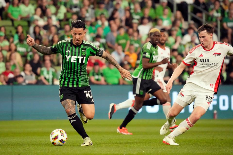 Sebastián Driussi controls the ball against San Jose Earthquakes defender Tanner Beason last weekend at Q2 Stadium. Driussi’s goal in the game’s final seconds gave Austin FC a 4-3 victory.