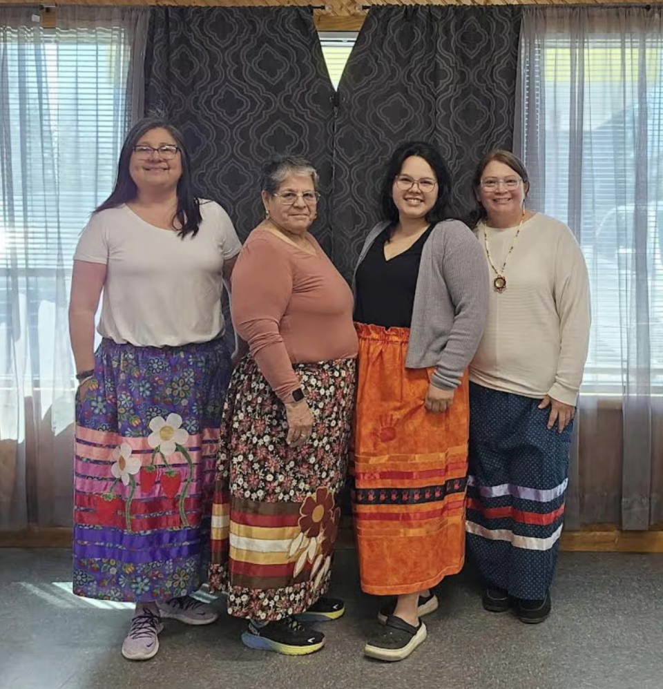 Charity Lazore, Leona Barnes, Tsionatiio Thompson and Amie Barnes, along with Debbie Cook-Jacobs (not shown), were the participants from Akwesasne who contributed skirts in the exchange. (Submitted by Tsionatiio Thompson)