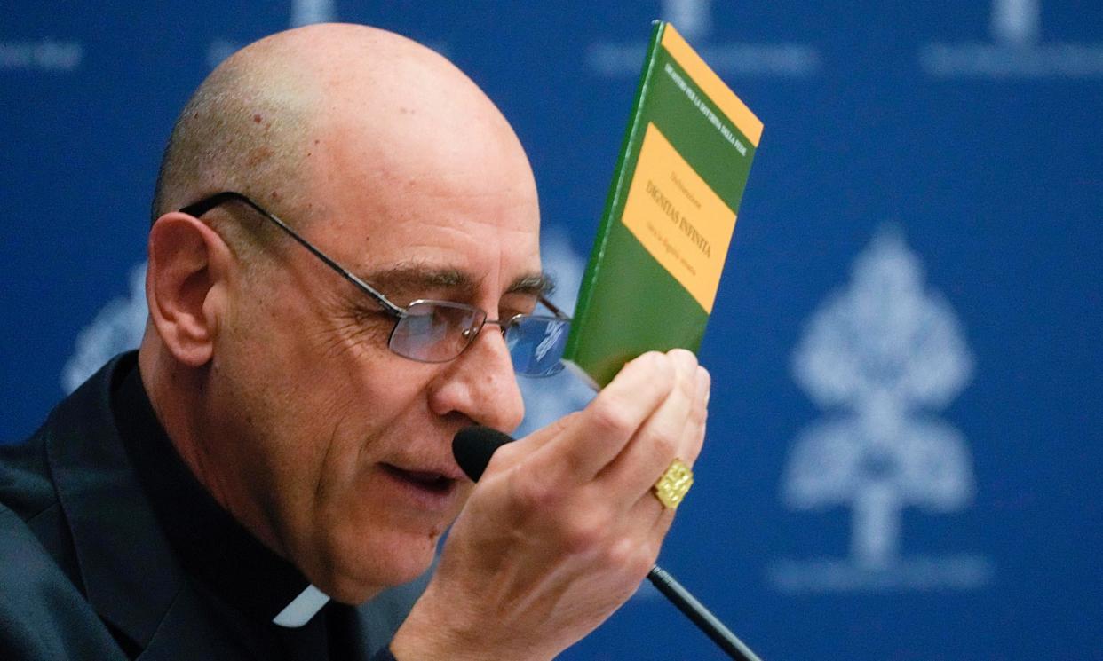 <span>Cardinal Victor Manuel Fernández presents the new Infinite Dignity declaration during a press conference at the Vatican on Monday.</span><span>Photograph: Gregorio Borgia/AP</span>