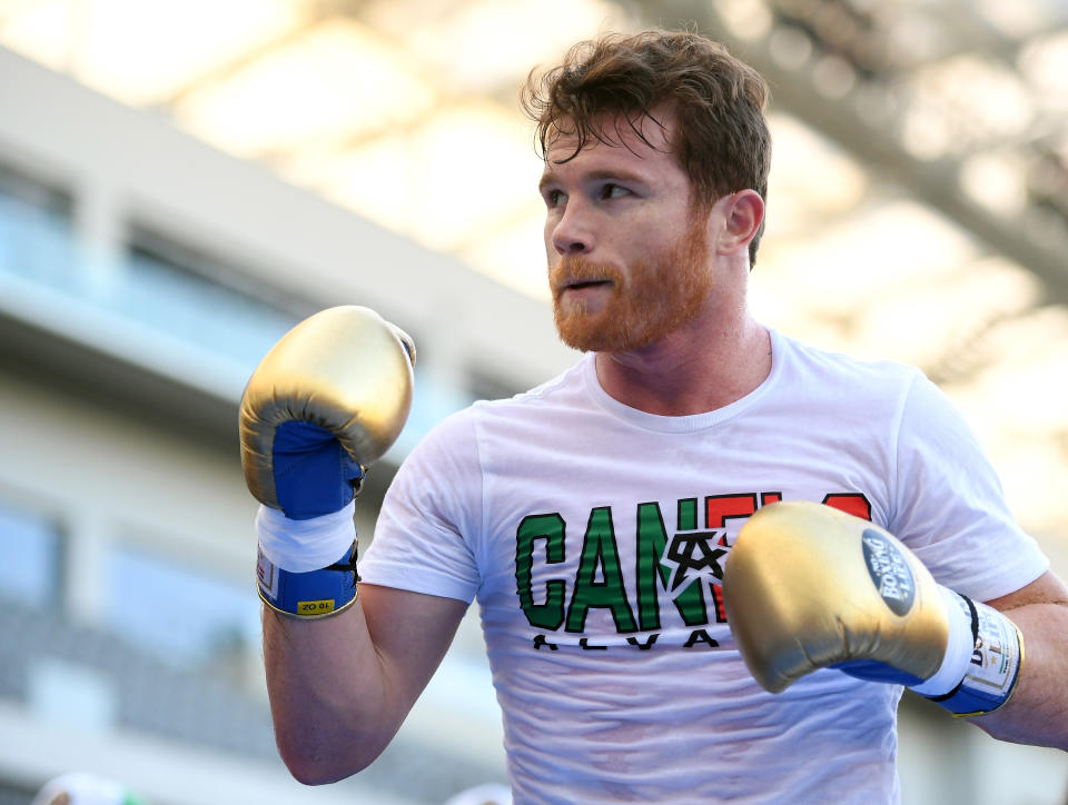 Canelo Alvarez during a media workout before his fight against Gennady “GGG” Golovkin at the Banc of California Stadium on Aug. 26, 2018 in Los Angeles, California. (Getty Images)