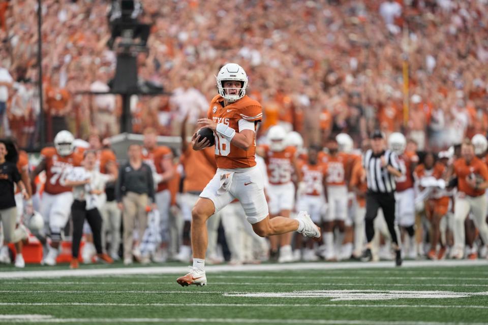 Texas quarterback Arch Manning speeds toward the end zone on his 67-yard touchdown run in the first half of last week's 56-7 win over UTSA at Royal-Memorial Stadium. A sports technology company clocked Manning's top speed on that run at 20.7 mph.