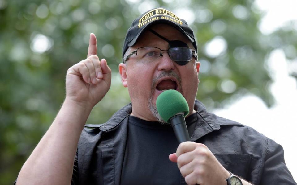 Oath Keepers founder Stewart Rhodes at a 2017 rally in Washington, D.C. Rhodes said for weeks before the Jan. 6, 2021, Capitol riot that his group was preparing for a civil war and was ‘armed, prepared to go in if the president calls us up.’ Susan Walsh/AP