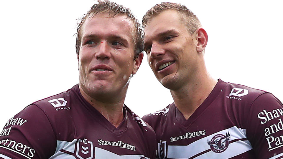 Jake and Tom Trbojevic are pictured after an NRL game for Manly.