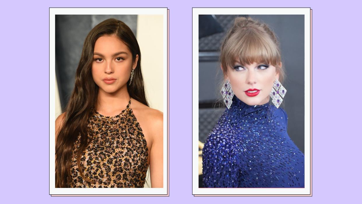  Olivia Rodrigo and Taylor Swift headshots on a purple background 