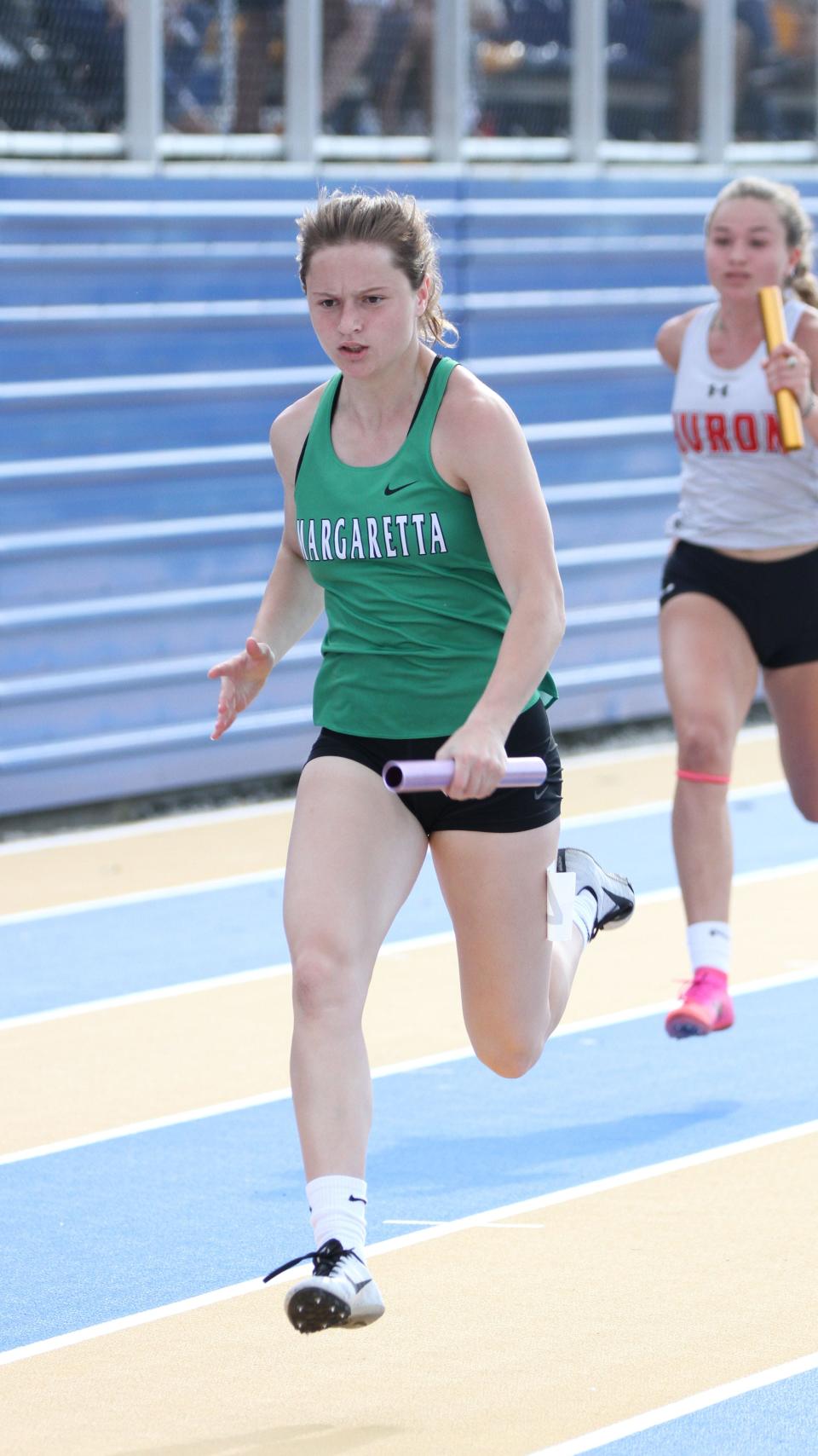 Margaretta's Kenna Stimmel anchors the 4x100 relay.