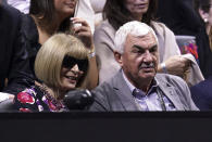 Anna Wintour, left, and Robert Federer on day one of the Laver Cup at the O2 Arena, London, Friday, Sept. 23, 2022. (John Walton/PA via AP)