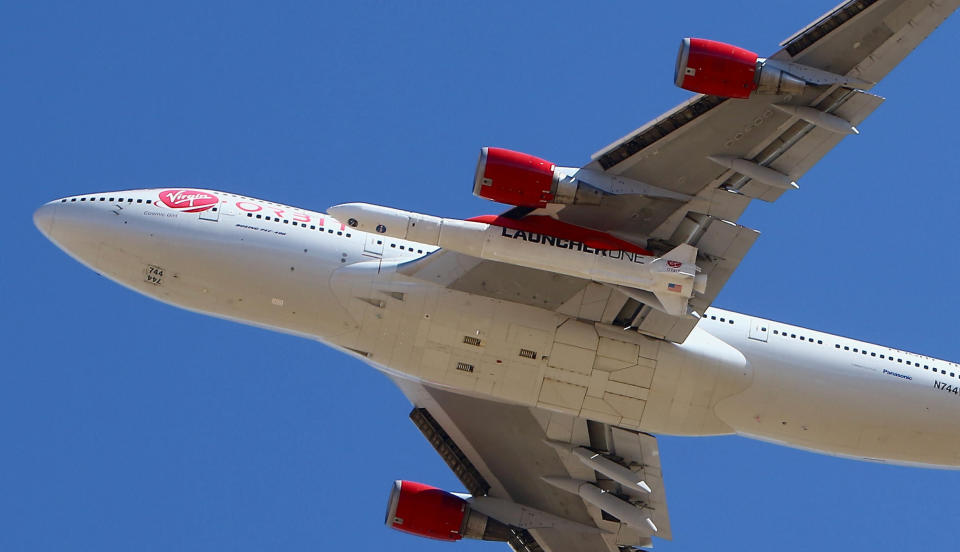 Virgin Orbit Boeing 747-400 rocket launch platform, named Cosmic Girl, takes off from Mojave Air and Space Port, Mojave (MHV) on its second orbital launch demonstration in the Mojave Desert, north of Los Angeles. (AP Photo/Matt Hartman)