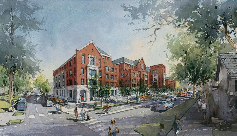 A rendering of the building Indiana University is planning for the site of the former Poplars building.