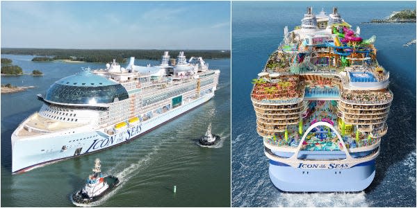 Royal Caribbean's Icon of the Seas during sea trial collaged with a rendering of the ship