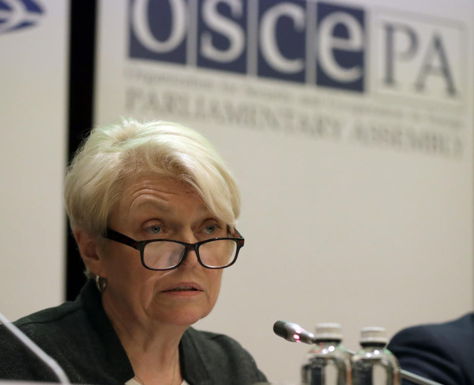Doris Barnett, the head of the delegation of the Parliamentary Assembly of the Organisation for Security and Cooperation in Europe (OSCE PA), attends a news conference in Kiev, Ukraine, Monday, April 1, 2019. Early results in Ukraine's presidential election show comedian Volodymyr Zelenskiy maintaining a strong lead against the incumbent president in the first round of voting, setting the stage for a runoff vote in three weeks. (AP Photo/Sergei Grits)