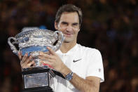 FILE - In this Jan. 28, 2018, file photo, Switzerland's Roger Federer holds his trophy after defeating Croatia's Marin Cilic in the men's singles final at the Australian Open tennis championships in Melbourne, Australia. Federer leads the list with 20 Grand Slam singles titles. Rafael Nadal has 19. Novak Djokovic has 16.(AP Photo/Dita Alangkara, File)