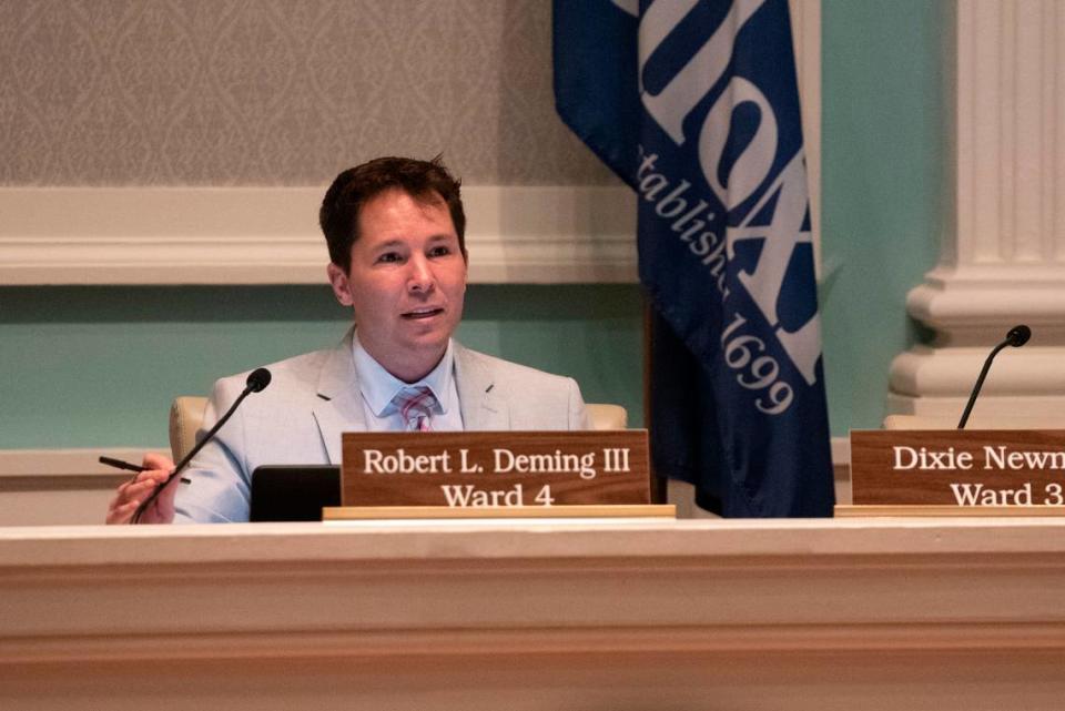 Robert L. Deming III, city council representative for Ward 4, appears at a Biloxi City Council meeting in Biloxi on Tuesday, Feb. 7, 2023. Deming’s home and several of his the Candy and Kratom Shop businesses were raided by the DEA on Jan. 26, 2023.