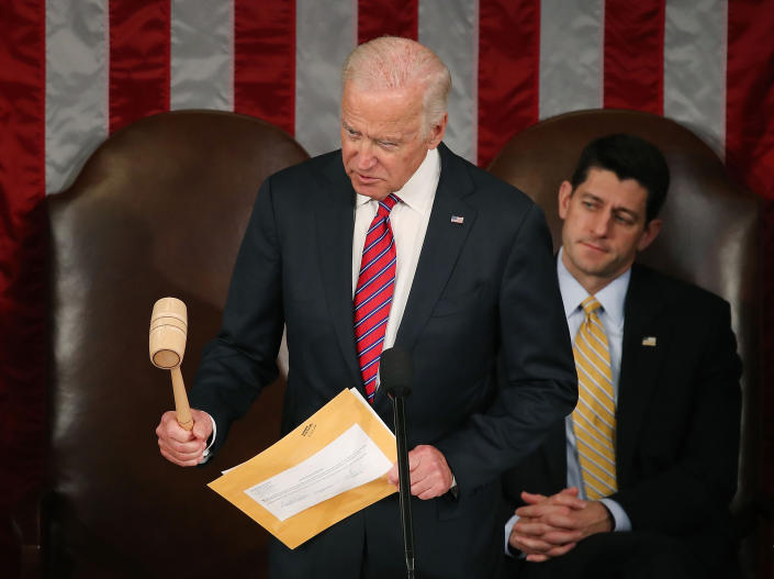 U.S. Vice President Joseph Biden, reacts to an objection while presiding over the counting of the electoral votes from the 2016 presidential election, during a joint session of Congress, on January 6, 2017 in Washington, DC. It was confirmed that President-elect Donald Trump won the election with 304 electoral votes to Hillary Clinton's 227. (Mark Wilson/Getty Images)