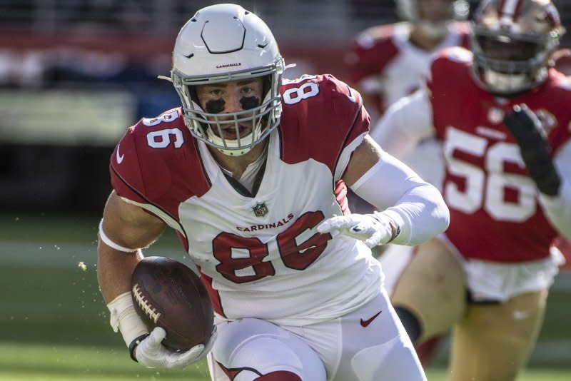Arizona Cardinals tight end Zach Ertz is among my favorite fantasy football plays in Week 5. File Photo by Terry Schmitt/UPI