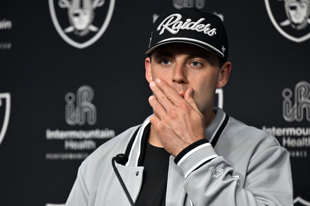 Las Vegas Raiders first round draft pick Brock Bowers speaks at an NFL football news conference Friday, April 26, 2024, in Henderson, Nev. (AP Photo/David Becker)