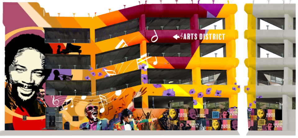 An artist rendering of KaDavien Baylor's proposed mural on the parking garage at the corner of Washington Avenue and Fourth Street. The mural was inspired by Jones' legacy and his signature scarves which brandish bold colors and lines reminiscent of sheet music. The proposed image is not an exact estimation of the final product.