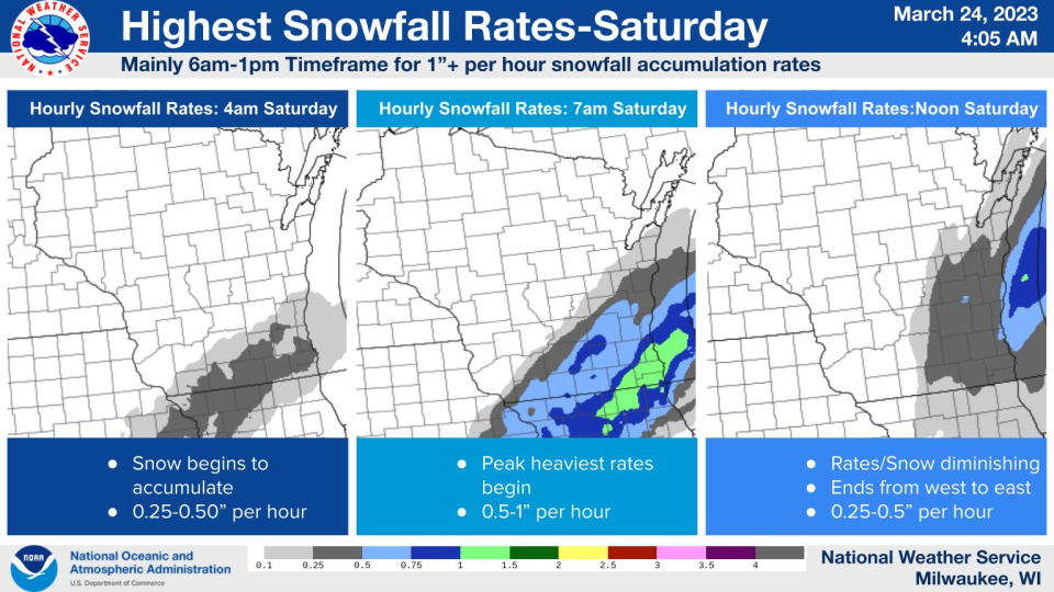 This map shows the expected snowfall rates for a snowstorm Saturday, released March 24, 2023.