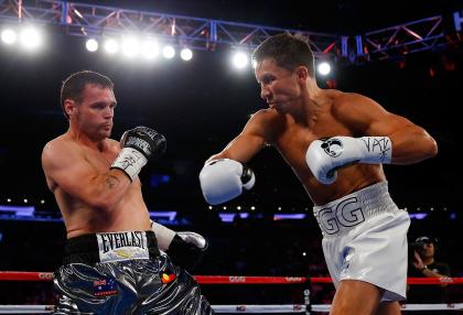 Gennady Golovkin fires a right at Daniel Geale during their WBA middleweight championship bout at Madison Square Garden Saturday in New York. (Photo by Mike Stobe/Getty Images)