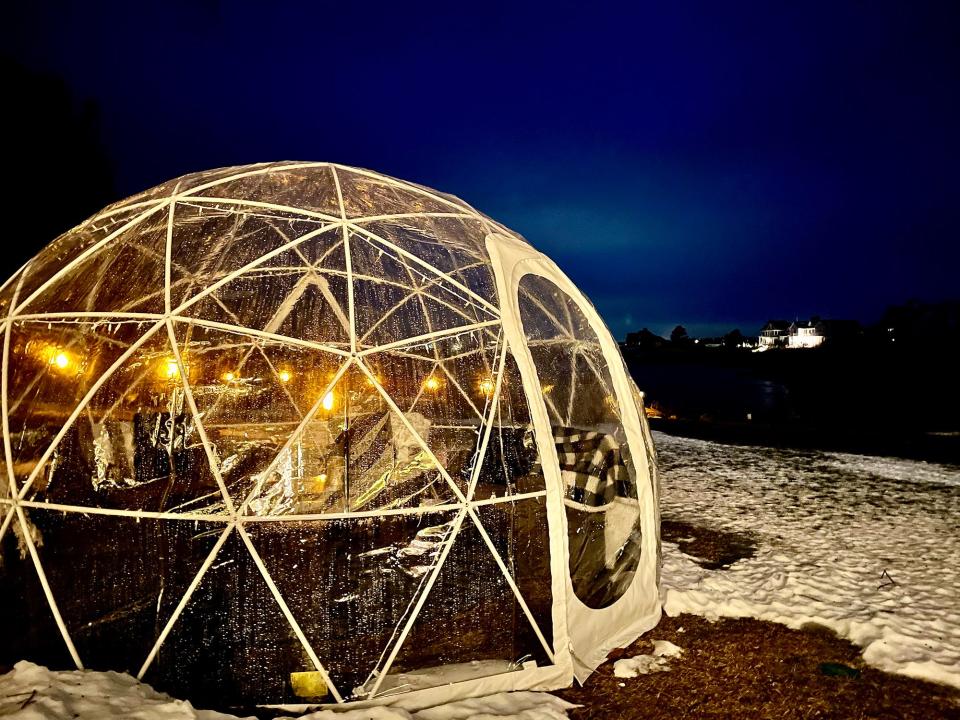 The inn's restaurant, Stripers, offers igloos for outdoor dining.