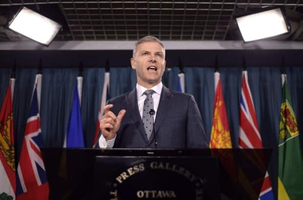 Tim McMillan, Canadian Association of Petroleum Producers president and CEO, speaks in 2018. McMillan spoke at the opening of the 2021 Scotiabank CAPP Energy Symposium in Calgary on Tuesday, saying oil and gas producers are looking forward to being a key part of North America's recovery from the economic slump caused by the COVID-19 pandemic. (Justin Tang/Canadian Press - image credit)