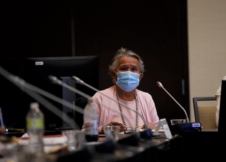 Edith Hood, member of the Red Water Pond Road Community Association, talks about her opposition to place uranium mine waste at a mill site next to the community during a public meeting by the U.S. Nuclear Regulatory Commission on April 22 in Gallup.