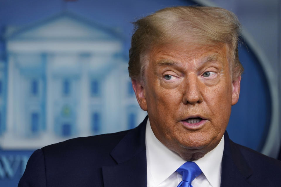 FILE - This Sept. 23, 2020, file photo shows President Donald Trump speaking during a news conference in the James Brady Press Briefing Room of the White House, in Washington. Donald Trump's niece followed up her best-selling, tell-all book with a lawsuit Thursday, Sept, 24, 2020, alleging that the president and two of his siblings cheated her out of millions of dollars over several decades while squeezing her out of the family business. (AP Photo/Evan Vucci, File)