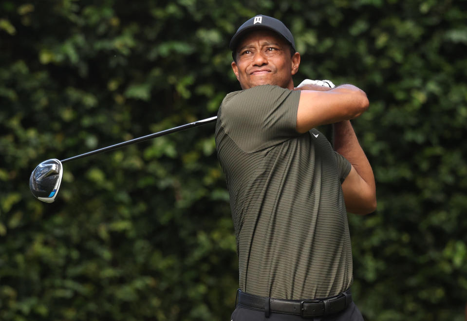 Tiger Woods of the United States hits his tee shot on the second hole during the first round of the Masters at Augusta National Golf Club on November 12, 2020 in Augusta, Georgia. (Photo by Rob Carr/Getty Images)