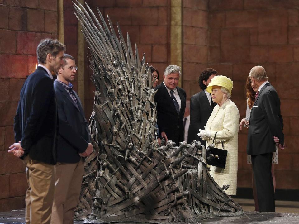 Britain's Queen Elizabeth and Prince Philip visit the set of TV series Game of Thrones, in the Titanic Quarter of Belfast