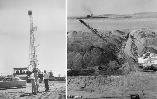 Left: Navajo tribal leader Paul Jones, at right, talks to oil workers on a Navajo reservation. Photo by Carl Iwasaki/Getty Images. Right: a Navajo mine, Feb. 28, 1973. Credit: Denver Post via Getty Images. (Photo: Getty Images)