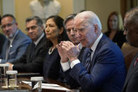 President Joe Biden speaks during a meeting with his Cabinet in the Cabinet Room at the White House in Washington, Tuesday, July 20, 2021. From left, Secretary of Education Miguel Cardona, Secretary of Health and Human Services Xavier Becerra, Secretary of the Interior Deb Haaland, Secretary of State Antony Blinken, Biden and Secretary of Defense Lloyd Austin. (AP Photo/Susan Walsh)