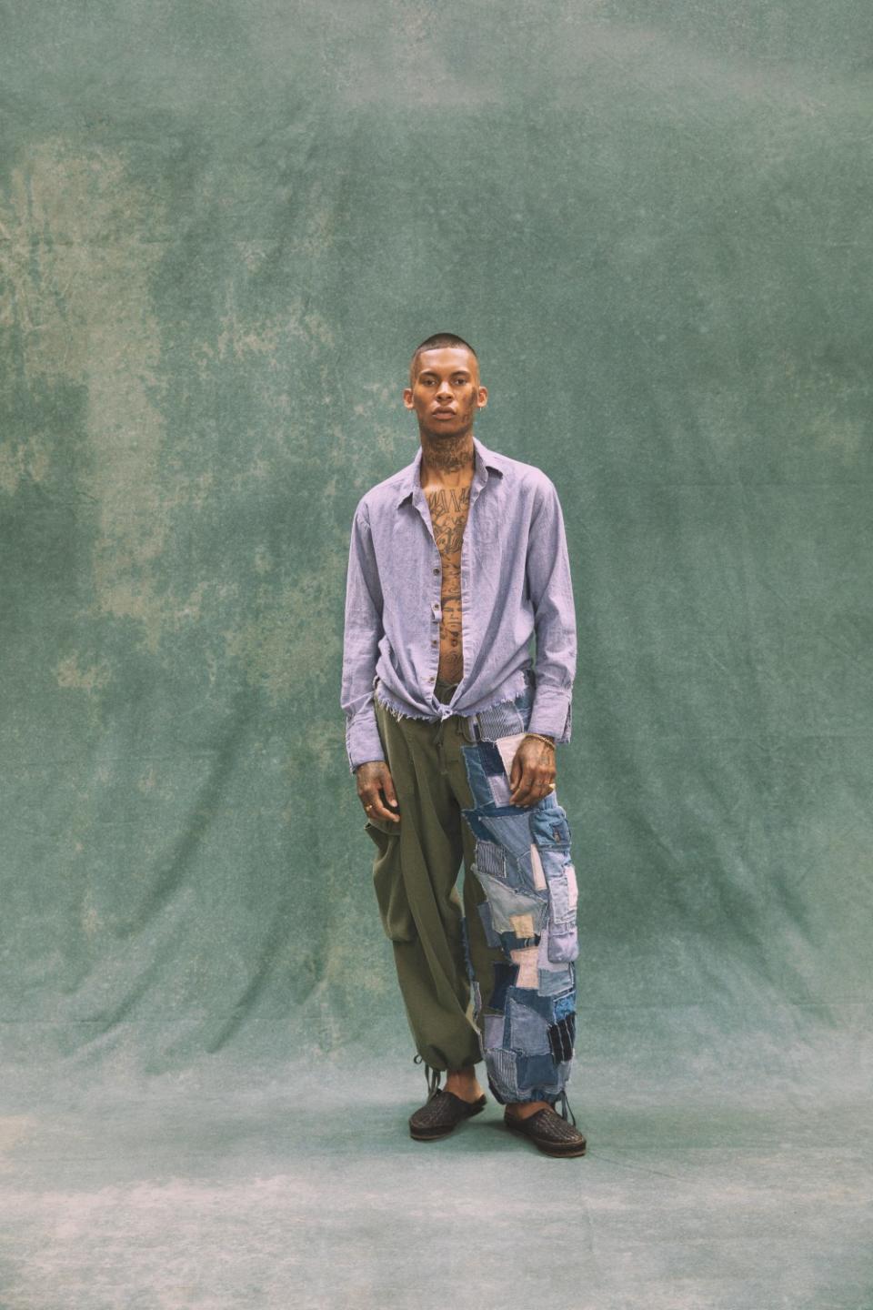A model wearing a spring and summer 2021 look by Greg Lauren.