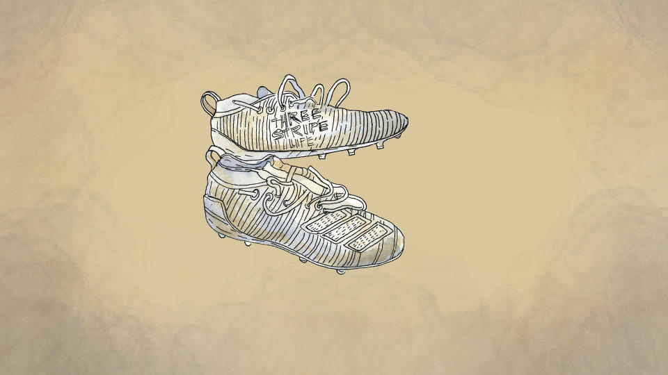 An illustration made from a photo provided by Raymond Millare of football cleats given to him by Willie Talamoa. (AP Illustration/Peter Hamlin)