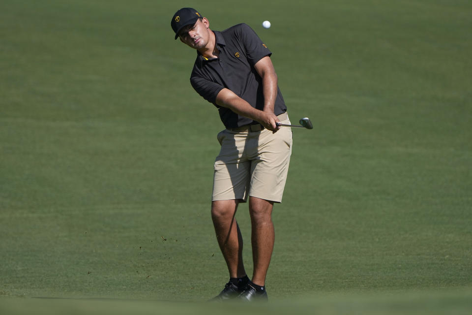 Christiaan Bezuidenhout, of South Africa, hits the ball on the fith fairway during practice for the Presidents Cup golf tournament at the Quail Hollow Club, Tuesday, Sept. 20, 2022, in Charlotte, N.C. (AP Photo/Chris Carlson)