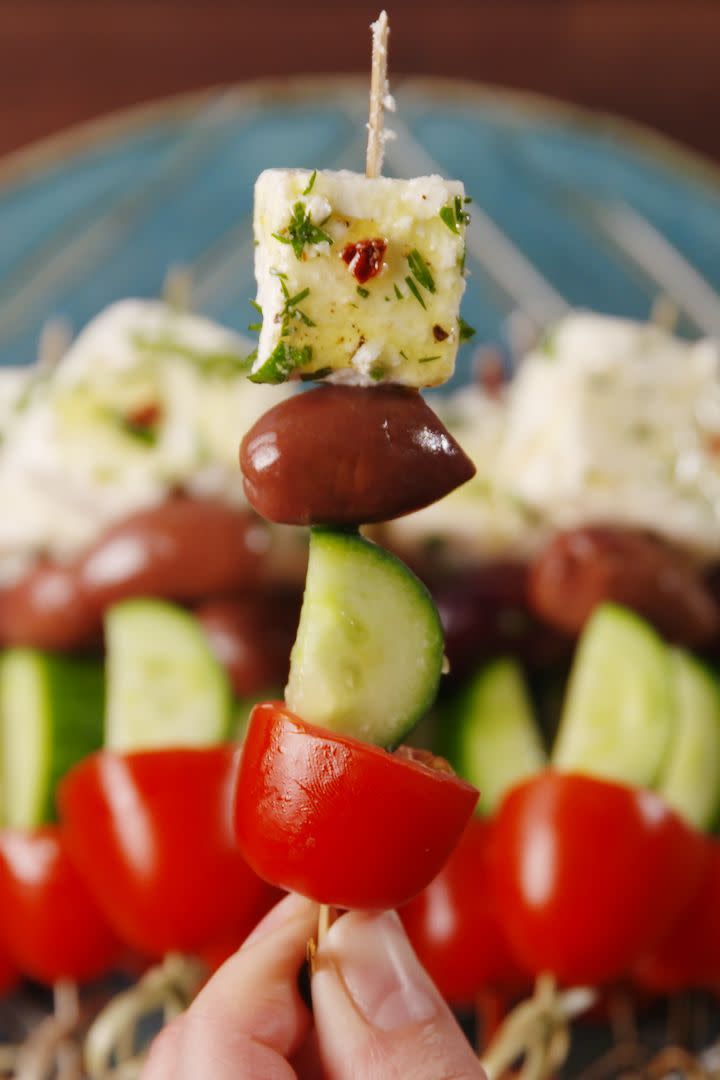 <p>Like a Greek salad on a stick!</p><p>Get the <a href="https://www.delish.com/uk/cooking/recipes/a28840207/greek-salad-skewers-recipe/" rel="nofollow noopener" target="_blank" data-ylk="slk:Greek Salad Skewers;elm:context_link;itc:0;sec:content-canvas" class="link ">Greek Salad Skewers</a> recipe.</p>