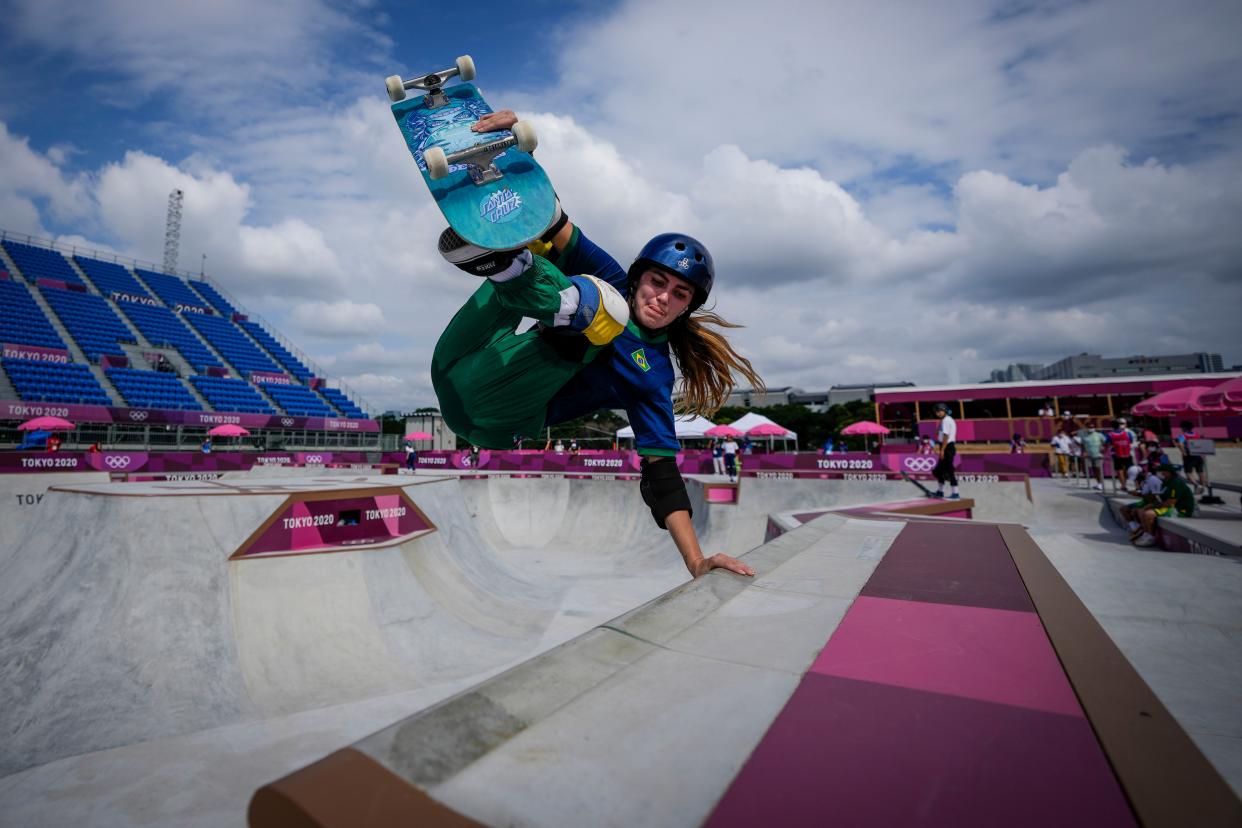 Yndiara Asp of Brazil takes part in a women's Park Skateboarding training session at the 2020 Summer Olympics, Saturday, July 31, 2021, in Tokyo, Japan.