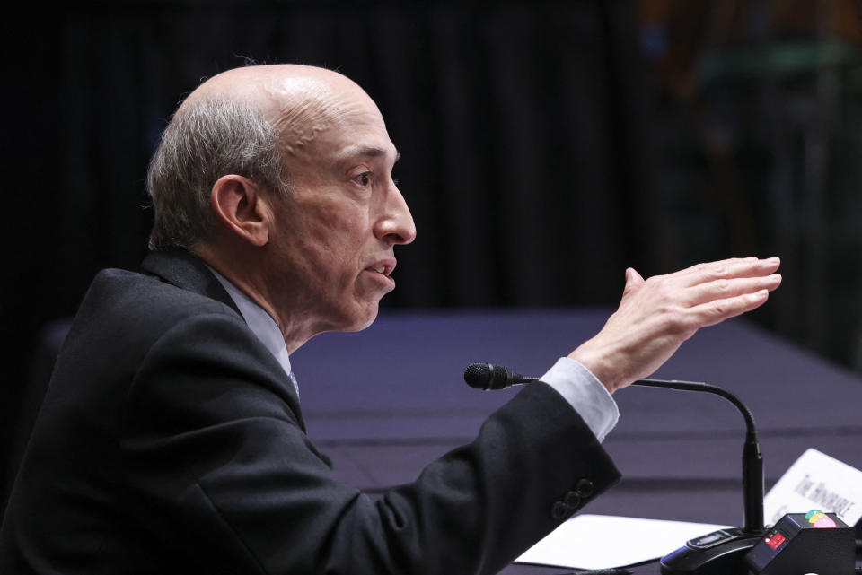 Gary Gensler,Chair of the Securities and Exchange Commission(SEC), testifies during the Senate Banking, Housing, and Urban Affairs Committee hearing on 