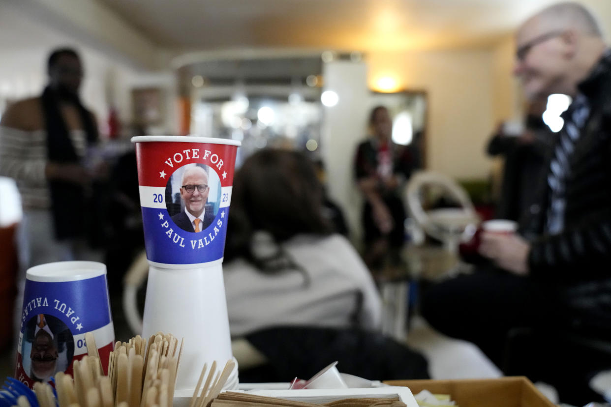 Paul Vallas for mayor cups sit on display at a campaign stop of the Chicago mayoral candidate with residents at the ABLA Homes in Chicago, Saturday, Feb. 25, 2023. Vallas, who has run as the law-and-order candidate, with support from the city's police union and promises to put hundreds more officers on the streets is hoping to unseat Chicago Mayor Lori Lightfoot and make her the city's first one-term mayor in decades. (AP Photo/Nam Y. Huh)