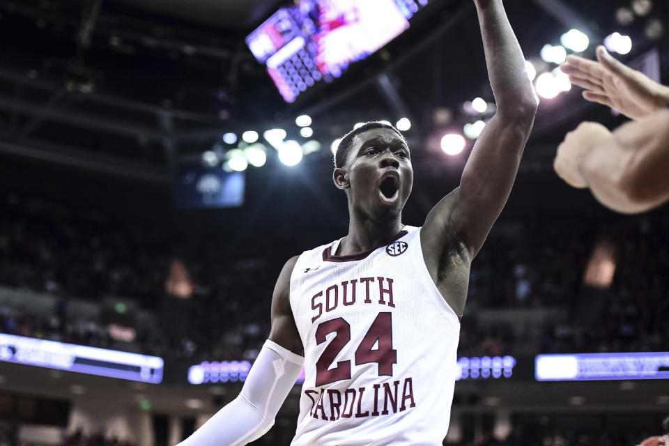 South Carolina forward Keyshawn Bryant (24) reacts to a score and foul call during the second half the team's NCAA college basketball game against Kentucky on Wednesday, Jan. 15, 2020, in Columbia, S.C. South Carolina won 81-78. (AP Photo/Sean Rayford)