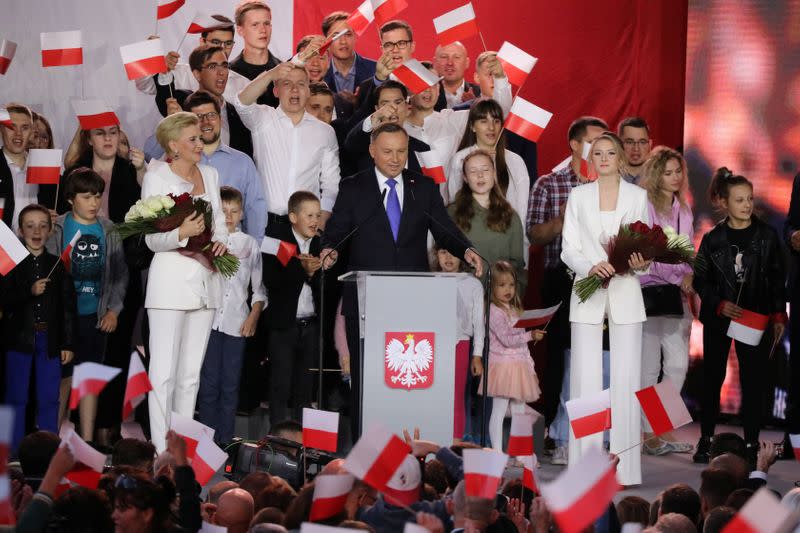 Polish President Duda addresses his supporters after the second round of a presidential election in Pultusk