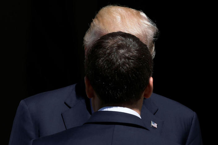 <p>President Donald Trump greets French President Emmanuel Macron before a lunch ahead of a NATO Summit in Brussels, Belgium, May 25, 2017. (Photo: Jonathan Ernst/Reuters) </p>