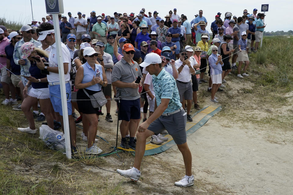 Jordan Spieth walks to the tee on the 17th hole during a practice round at the PGA Championship golf tournament on the Ocean Course Tuesday, May 18, 2021, in Kiawah Island, S.C. (AP Photo/Matt York)