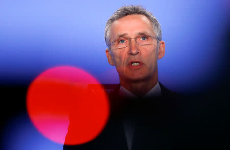 NATO Secretary General Jens Stoltenberg holds a news conference with Macedonian Foreign Minister Nikola Dimitrov (not pictured) after a signature ceremony of the accession protocol between the Republic of North Macedonia and NATO at the Alliance headquarters in Brussels, Belgium February 6, 2019. REUTERS/Francois Lenoir