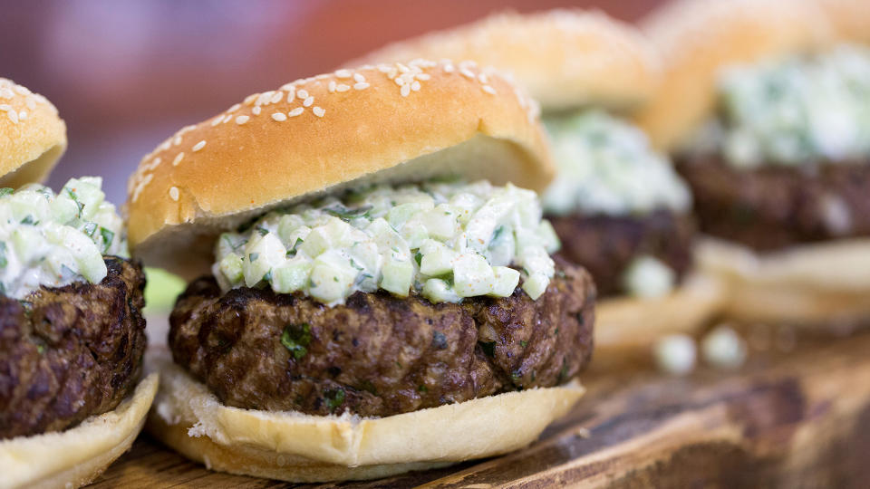 Hoda Kotb and brother Adel grill kofta burgers (Samantha Okazaki / TODAY)