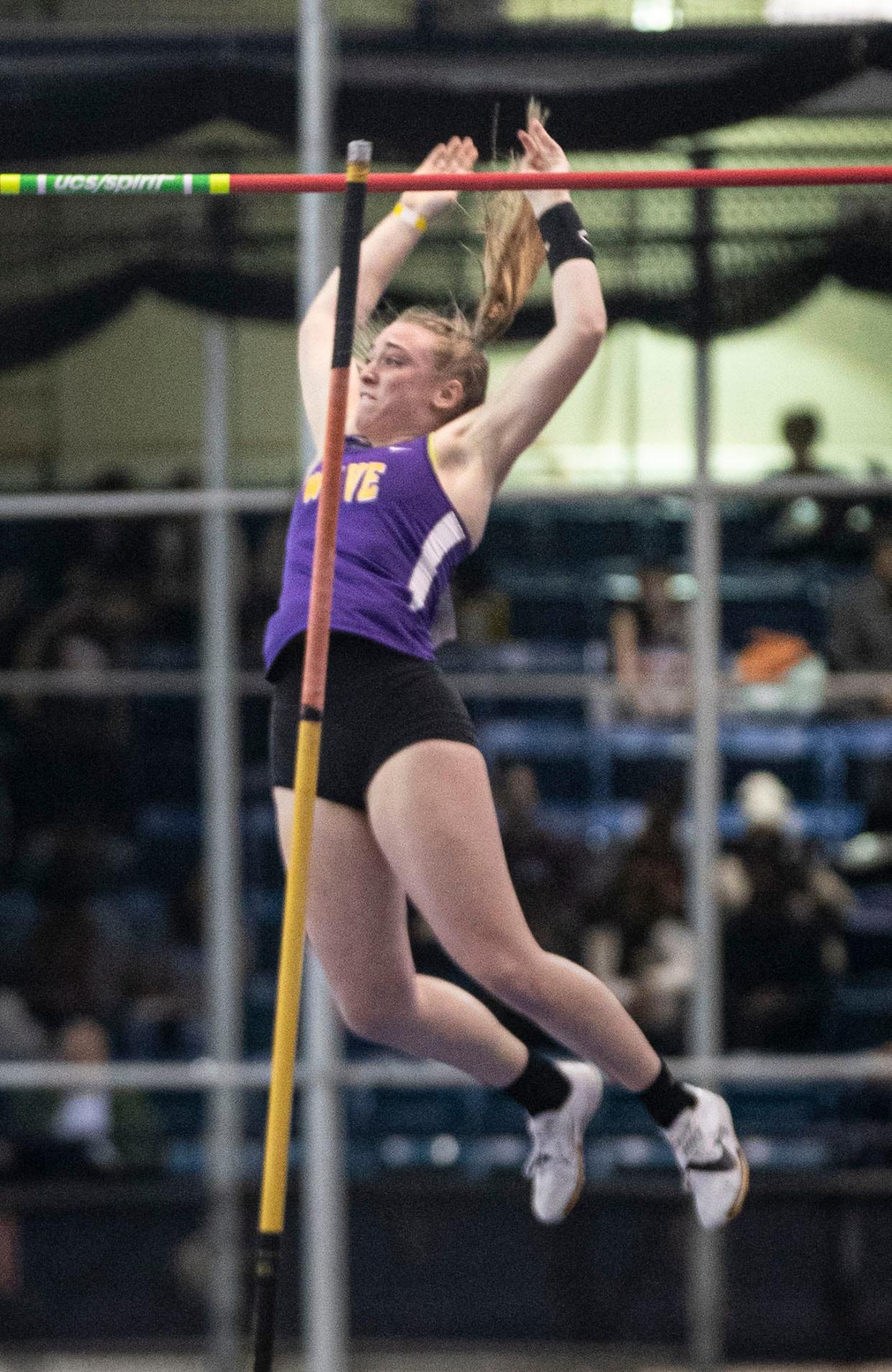 Feb 11, 2024; New York, New York, USA; Lily Beattie of Warwick finished in second place in the girls pole vault during the Millrose Games at The Armory in New York City Feb. 11, 2024. Mandatory Credit: Seth Harrison/USA Today Network