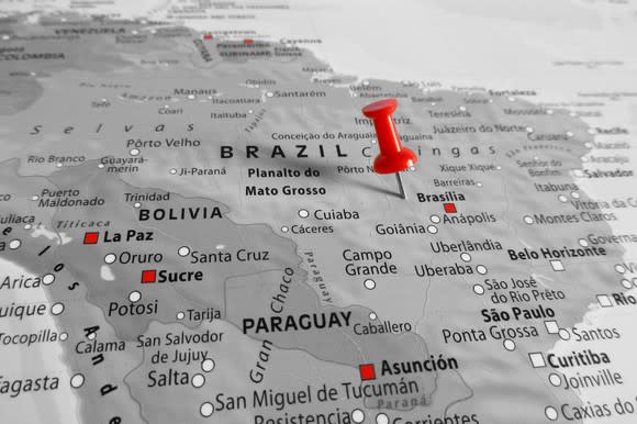 Map of Brazil with a red pin marking it