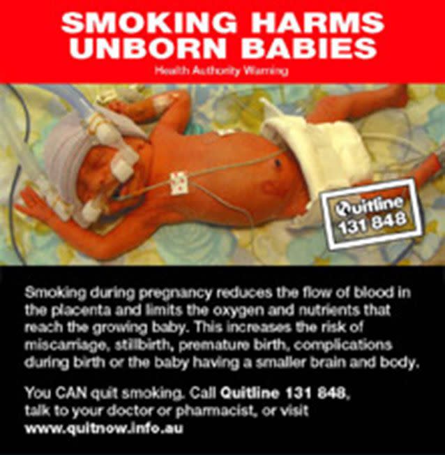 An Australian study shows pregnant teens are looking at warnings on cigarette packets as a message their babies could be born smaller if they smoke cigarettes. Picture: Quitnow.gov.au