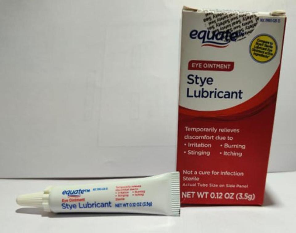 Equate Style Lubricant Eye Ointment in a 3.5-gram tube in box with UPC code: 681131395304. / Credit: U.S. Food and Drug Administration