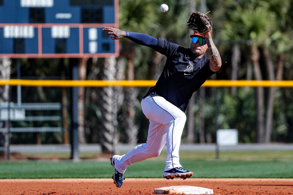 Detroit Tigers shortstop Javier Baez practices during spring training at TigerTown in Lakeland, Fla. on Tuesday, Feb. 20, 2024.