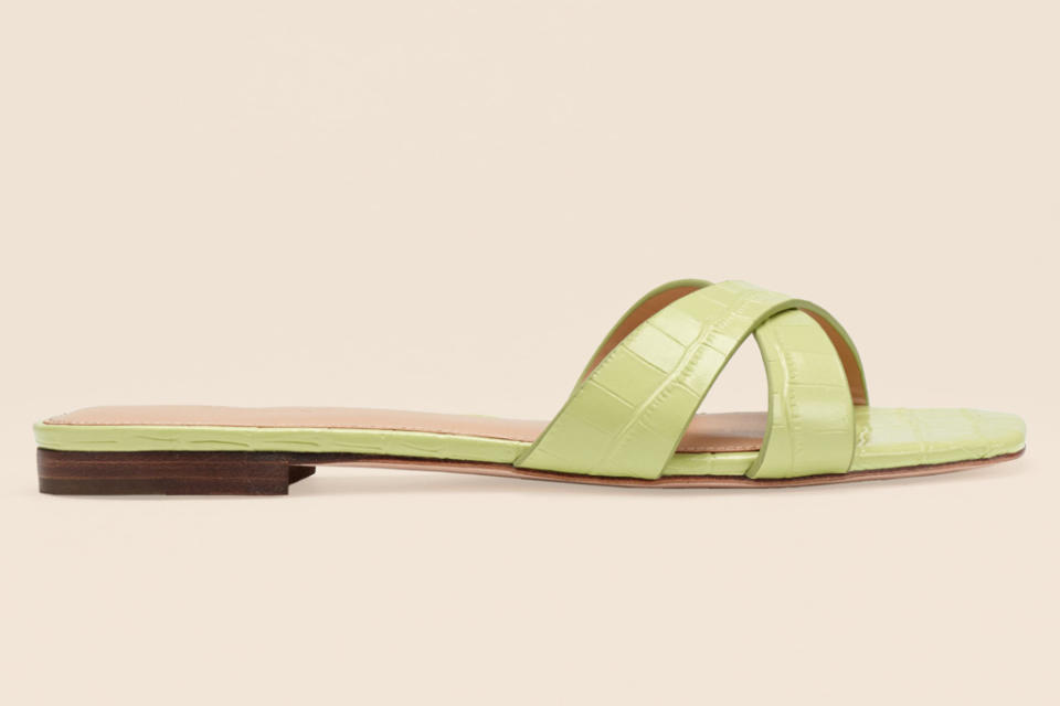reformation, green sandals, slide